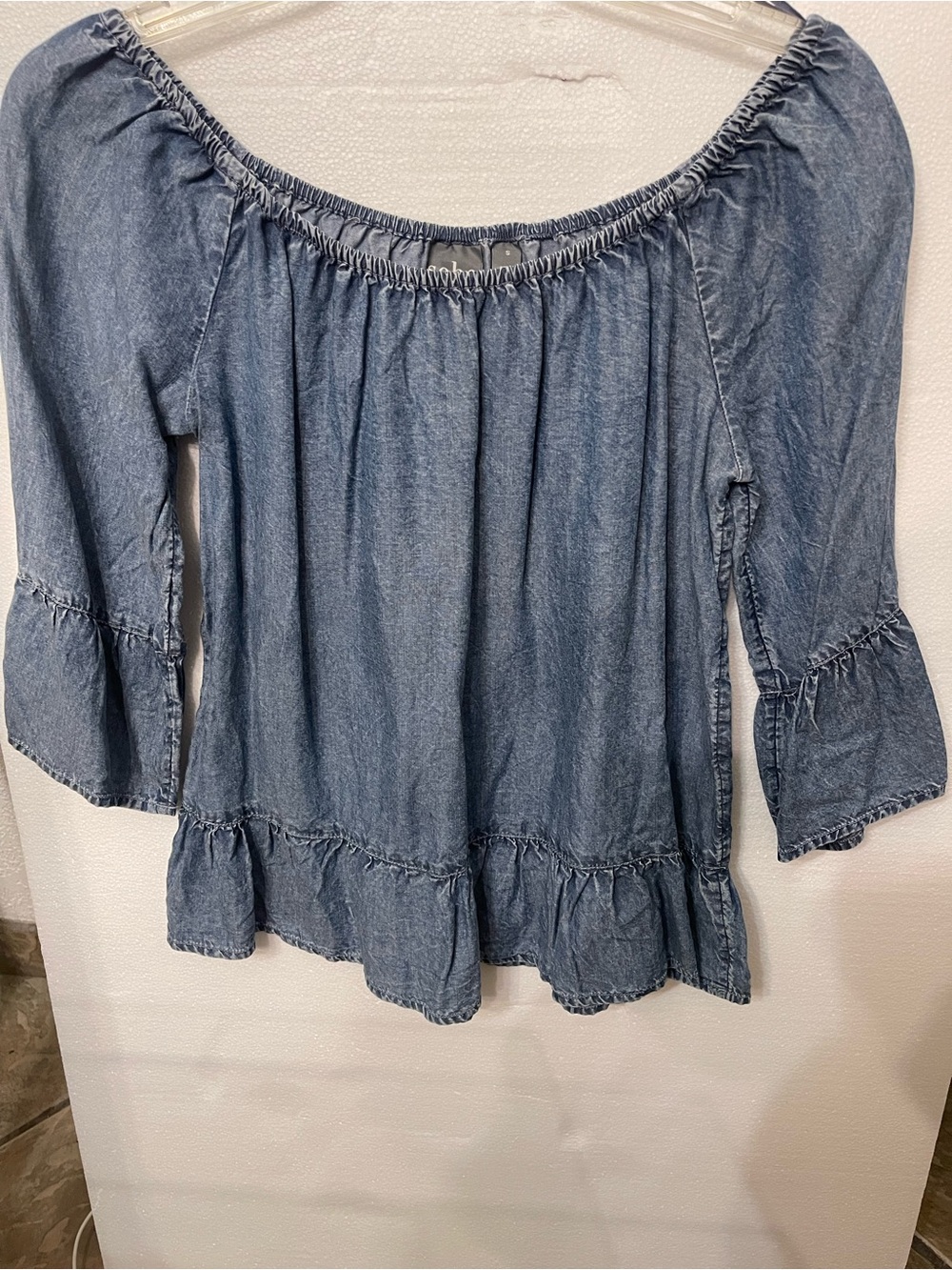 Soho Denim-Look Off-Shoulder Tunic in Light Blue